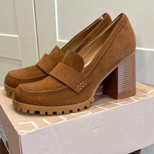 JustFab Women's Tan Suede look Block Heel Loafers